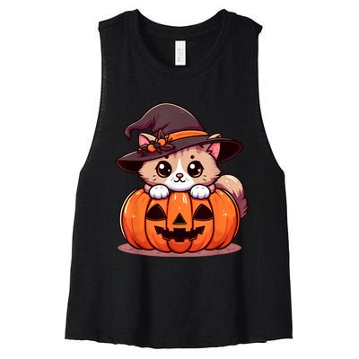 Witch Cat & Pumpkin Halloween Cute Women's Racerback Cropped Tank