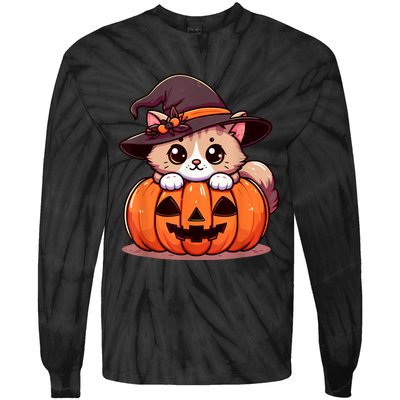 Witch Cat & Pumpkin Halloween Cute Tie-Dye Long Sleeve Shirt