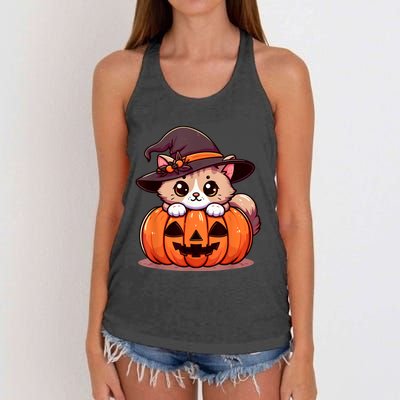 Witch Cat & Pumpkin Halloween Cute Women's Knotted Racerback Tank