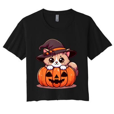 Witch Cat & Pumpkin Halloween Cute Women's Crop Top Tee