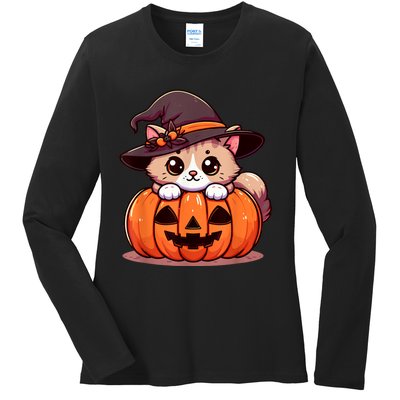 Witch Cat & Pumpkin Halloween Cute Ladies Long Sleeve Shirt