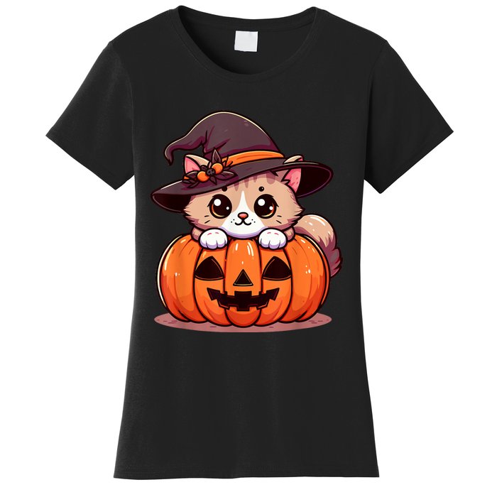 Witch Cat & Pumpkin Halloween Cute Women's T-Shirt