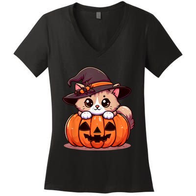 Witch Cat & Pumpkin Halloween Cute Women's V-Neck T-Shirt