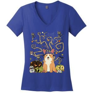 Witch Corgi Pumpkin Monster Funny JackOLantern Halloween Cute Gift Women's V-Neck T-Shirt