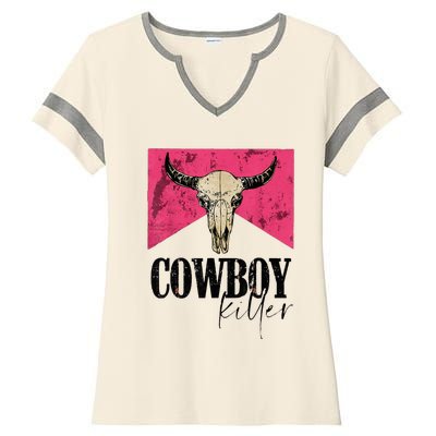 Western Cowgirl Punchy Cowboy Killers Bull Horn Ladies Halftime Notch Neck Tee