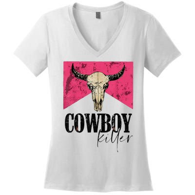 Western Cowgirl Punchy Cowboy Killers Bull Horn Women's V-Neck T-Shirt