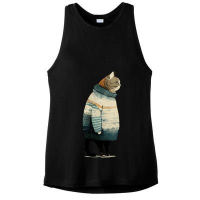 Winter Cat Print Ladies PosiCharge Tri-Blend Wicking Tank