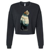 Winter Cat Print Cropped Pullover Crew