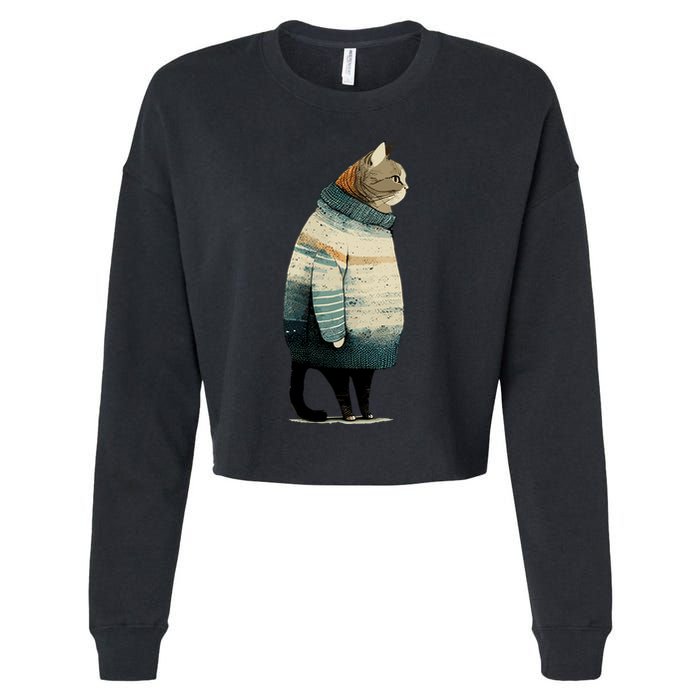 Winter Cat Print Cropped Pullover Crew