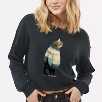 Winter Cat Print Cropped Pullover Crew