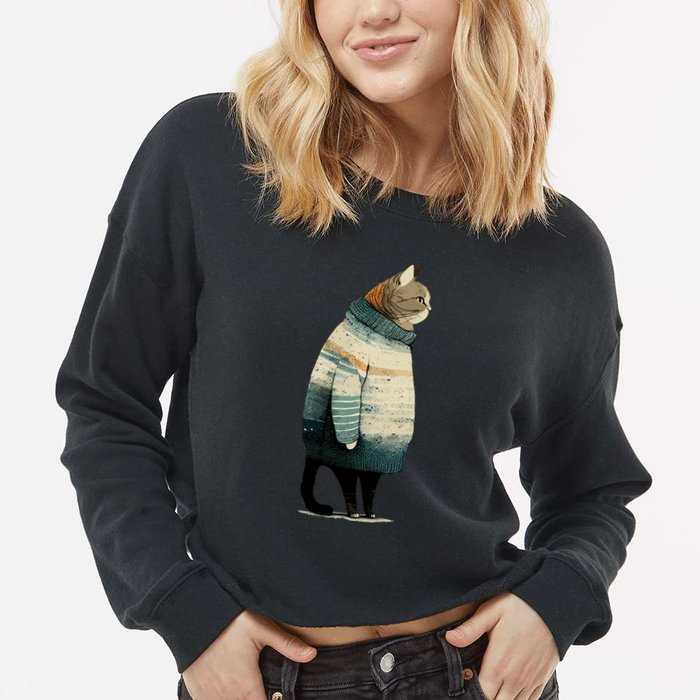 Winter Cat Print Cropped Pullover Crew