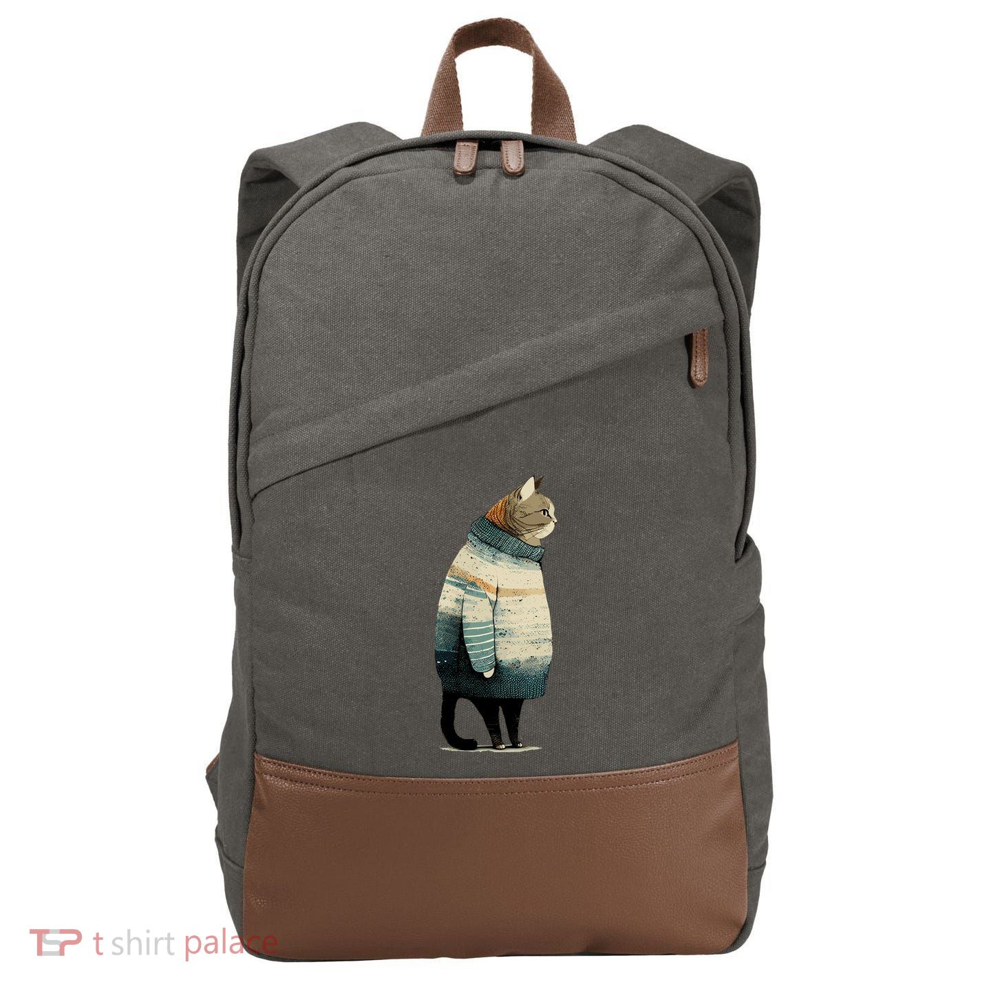 Winter Cat Print Cotton Canvas Backpack
