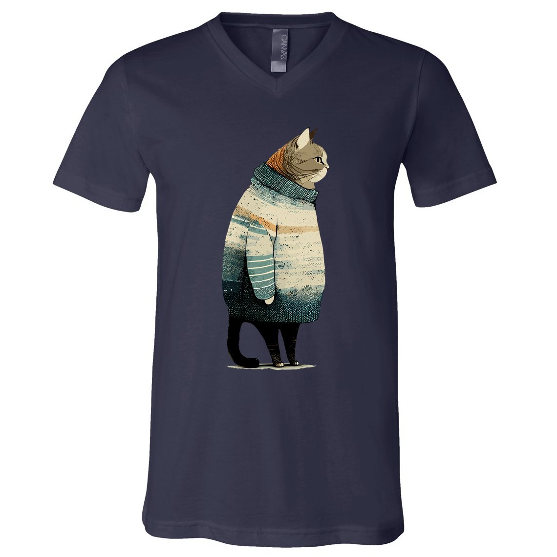 Winter Cat Print V-Neck T-Shirt