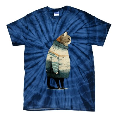 Winter Cat Print Tie-Dye T-Shirt