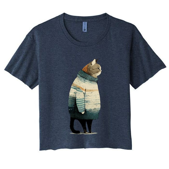 Winter Cat Print Women's Crop Top Tee