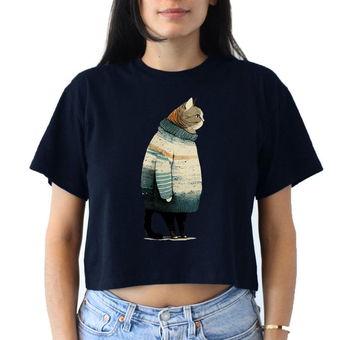 Winter Cat Print Women's Crop Top Tee