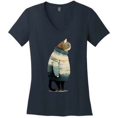 Winter Cat Print Women's V-Neck T-Shirt