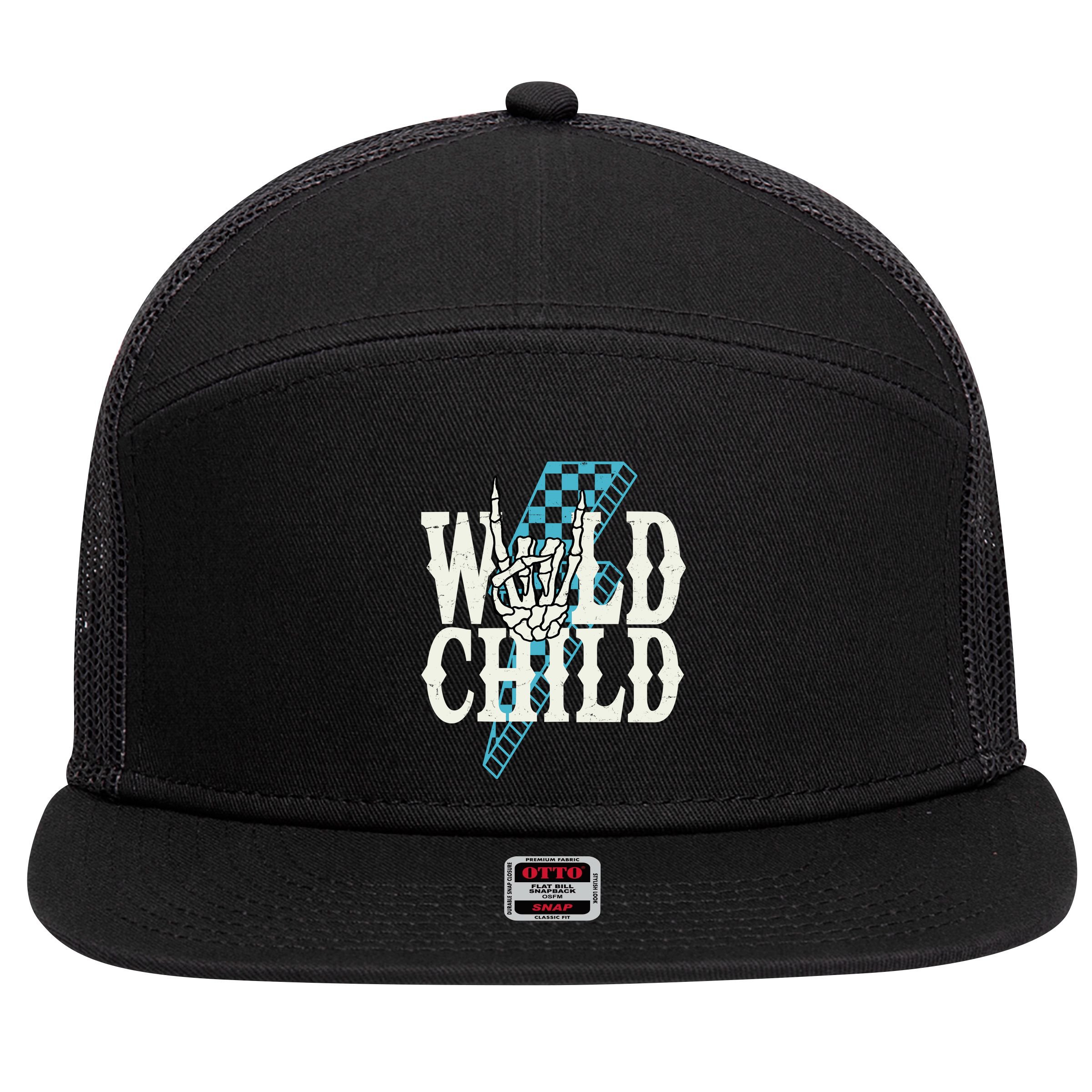 Wild Child Rock And Roll Lightning Bolt 7 Panel Mesh Trucker Snapback Hat
