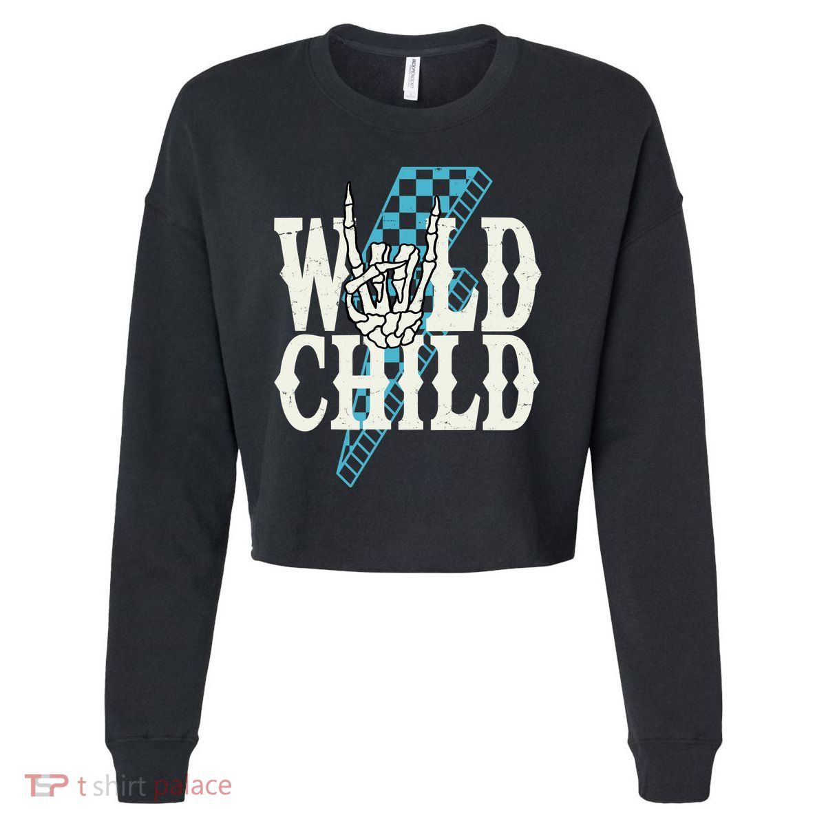 Wild Child Rock And Roll Lightning Bolt Cropped Pullover Crew