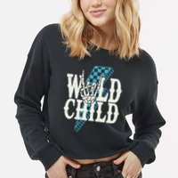 Wild Child Rock And Roll Lightning Bolt Cropped Pullover Crew