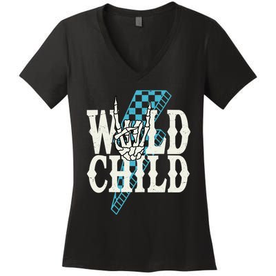 Wild Child Rock And Roll Lightning Bolt Women's V-Neck T-Shirt