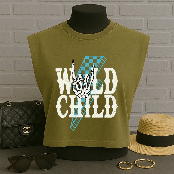 Wild Child Rock And Roll Lightning Bolt Garment-Dyed Women's Muscle Tee