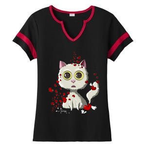 White Cat Red Hearts Funny Cat Mom Valentines Day Cat Lover Gift Ladies Halftime Notch Neck Tee