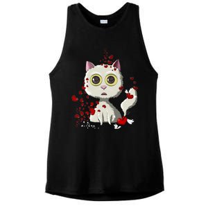 White Cat Red Hearts Funny Cat Mom Valentines Day Cat Lover Gift Ladies PosiCharge Tri-Blend Wicking Tank