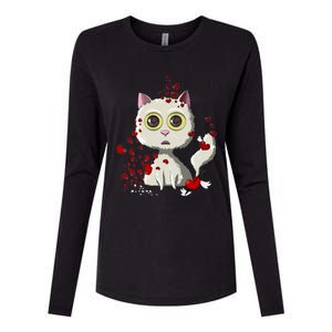 White Cat Red Hearts Funny Cat Mom Valentines Day Cat Lover Gift Womens Cotton Relaxed Long Sleeve T-Shirt