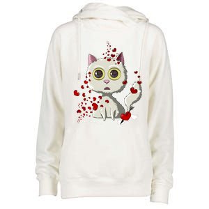 White Cat Red Hearts Funny Cat Mom Valentines Day Cat Lover Gift Womens Funnel Neck Pullover Hood