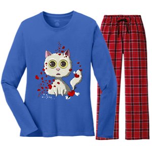 White Cat Red Hearts Funny Cat Mom Valentines Day Cat Lover Gift Women's Long Sleeve Flannel Pajama Set 