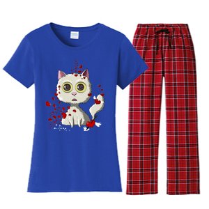 White Cat Red Hearts Funny Cat Mom Valentines Day Cat Lover Gift Women's Flannel Pajama Set