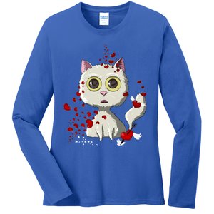 White Cat Red Hearts Funny Cat Mom Valentines Day Cat Lover Gift Ladies Long Sleeve Shirt