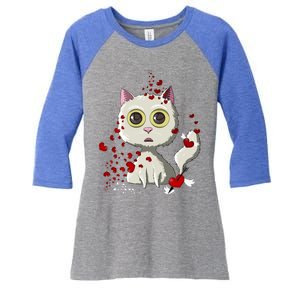 White Cat Red Hearts Funny Cat Mom Valentines Day Cat Lover Gift Women's Tri-Blend 3/4-Sleeve Raglan Shirt