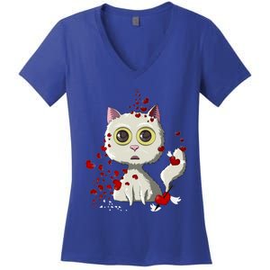 White Cat Red Hearts Funny Cat Mom Valentines Day Cat Lover Gift Women's V-Neck T-Shirt