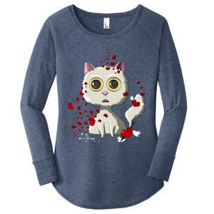 White Cat Red Hearts Funny Cat Mom Valentines Day Cat Lover Gift Women's Perfect Tri Tunic Long Sleeve Shirt