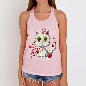 White Cat Red Hearts Funny Cat Mom Valentines Day Cat Lover Gift Women's Knotted Racerback Tank