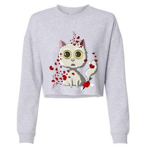 White Cat Red Hearts Funny Cat Mom Valentines Day Cat Lover Gift Cropped Pullover Crew