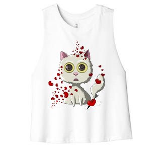 White Cat Red Hearts Funny Cat Mom Valentines Day Cat Lover Gift Women's Racerback Cropped Tank