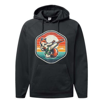 Whimsical Cartoon Retro Sunset Fun Karate Fox Performance Fleece Hoodie