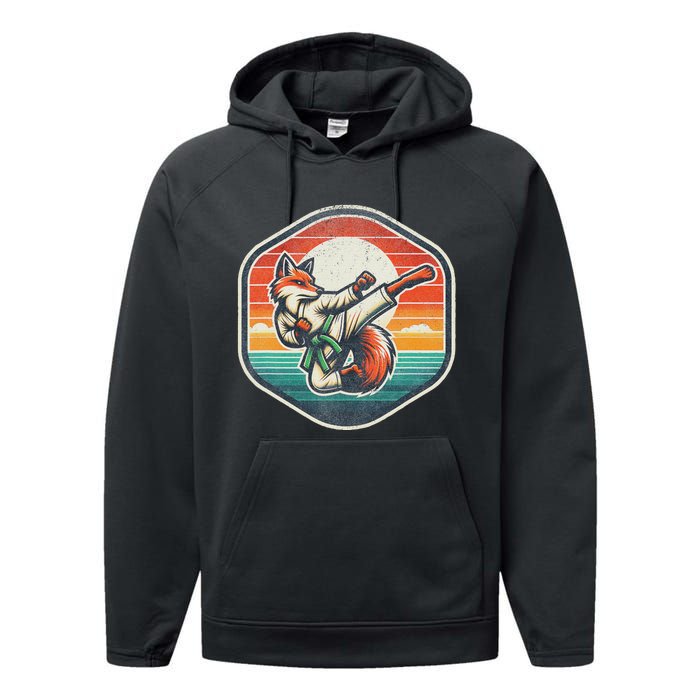 Whimsical Cartoon Retro Sunset Fun Karate Fox Performance Fleece Hoodie