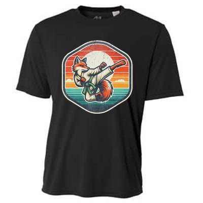 Whimsical Cartoon Retro Sunset Fun Karate Fox Cooling Performance Crew T-Shirt