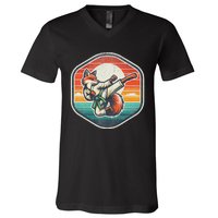 Whimsical Cartoon Retro Sunset Fun Karate Fox V-Neck T-Shirt