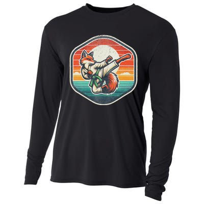 Whimsical Cartoon Retro Sunset Fun Karate Fox Cooling Performance Long Sleeve Crew