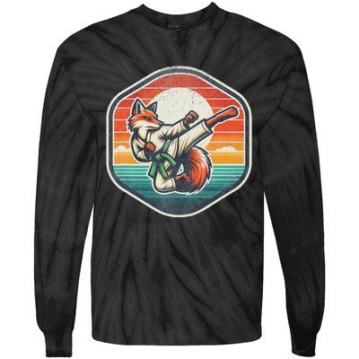 Whimsical Cartoon Retro Sunset Fun Karate Fox Tie-Dye Long Sleeve Shirt