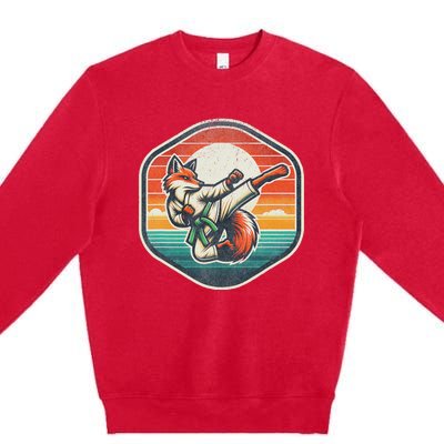 Whimsical Cartoon Retro Sunset Fun Karate Fox Premium Crewneck Sweatshirt