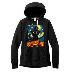 Witch Cat Starry Night Van Gogh Retro Halloween Cat Art Women's Fleece Hoodie