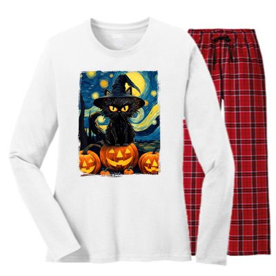 Witch Cat Starry Night Van Gogh Retro Halloween Cat Art Women's Long Sleeve Flannel Pajama Set 