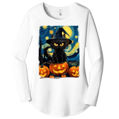 Witch Cat Starry Night Van Gogh Retro Halloween Cat Art Women's Perfect Tri Tunic Long Sleeve Shirt