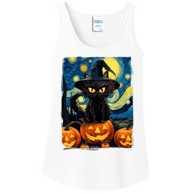 Witch Cat Starry Night Van Gogh Retro Halloween Cat Art Ladies Essential Tank